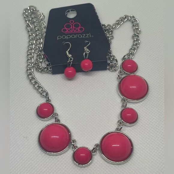 Paparazzi Pink and Silver Necklace Set with Statement Beads - Picture 2 of 4